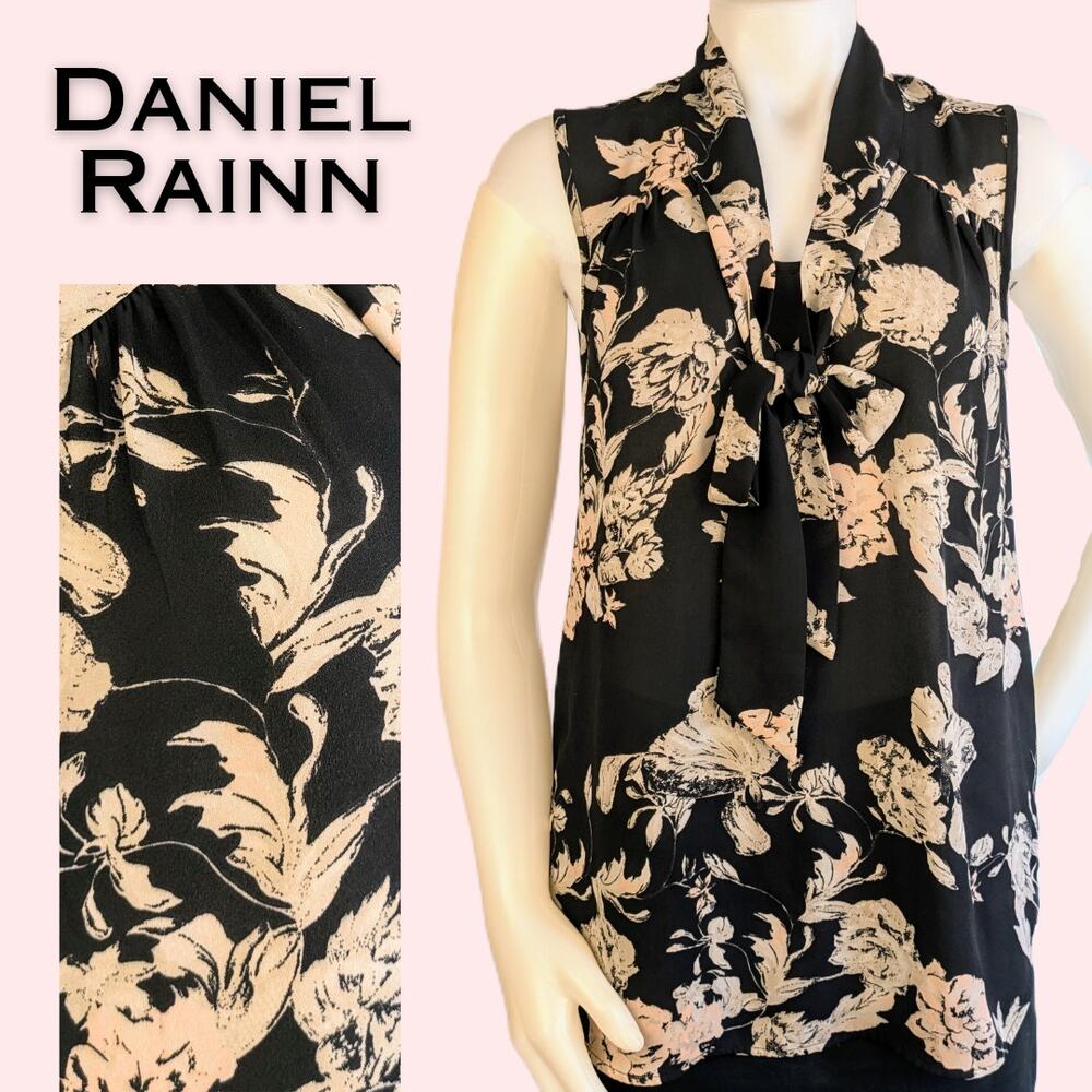 Daniel Rainn Sleeveless Blouse Medium Black Taupe Pink Floral Tie Layer Career